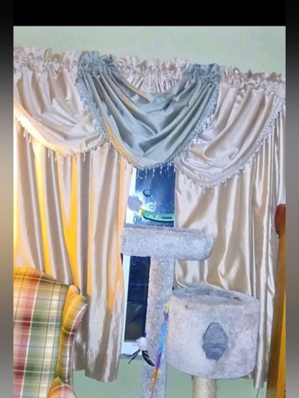 Jade & Champagne Draped Curtain Treatment